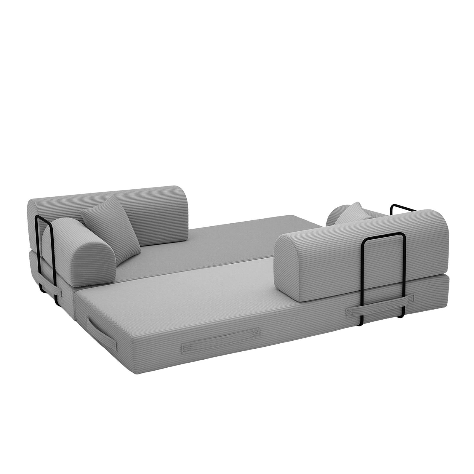Hommoo Modern Convertible Sleeper Sofa Couch Bed, Compressed Corduroy Fabric Floor Sofa Couch with Fixed-Shape Frame, Light Gray