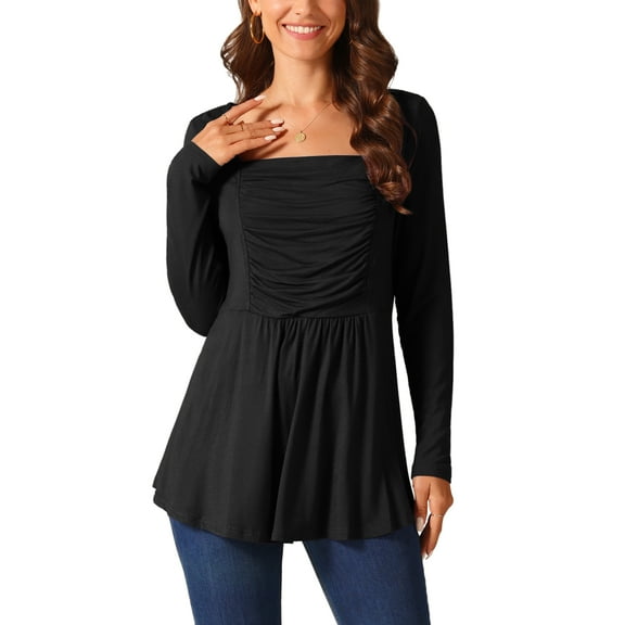 INSPIRE CHIC Women's Long Sleeve Shirts Square Neck Loose Fit Blouses Pleated Flowy Tunic Tops