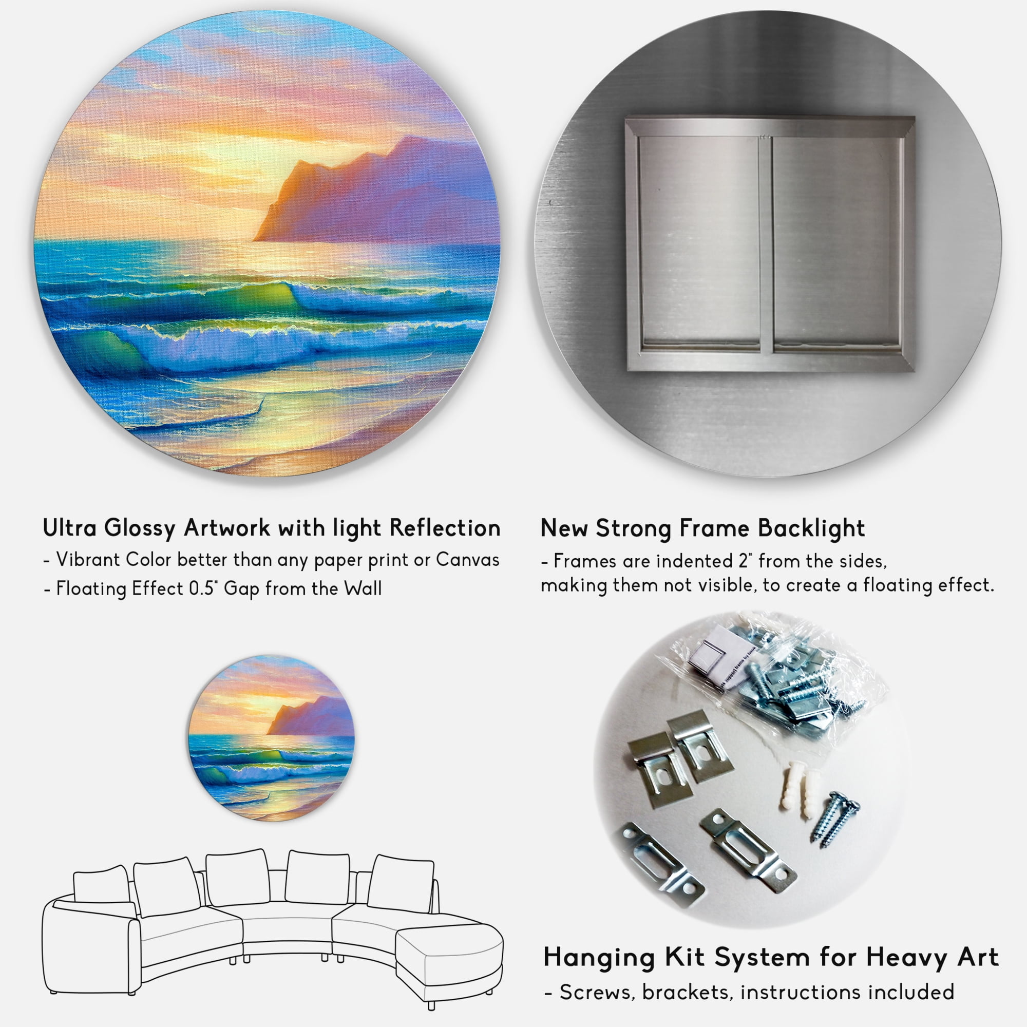 Designart 'Sunrise Glow On The Sea Waves IV' Nautical & Coastal Circle Metal Wall Art 11x11 - Disc of 11