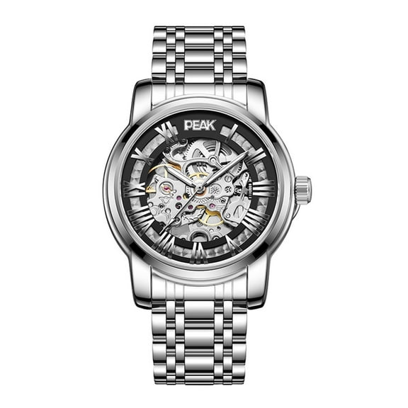 GZFCMY PEAK Skeleton Automatic Self-Winding Mechanical Movement Men Wrist Watch Business Stainless Steel Mineral Glass Mirror Waterproof Clock Man Luminous