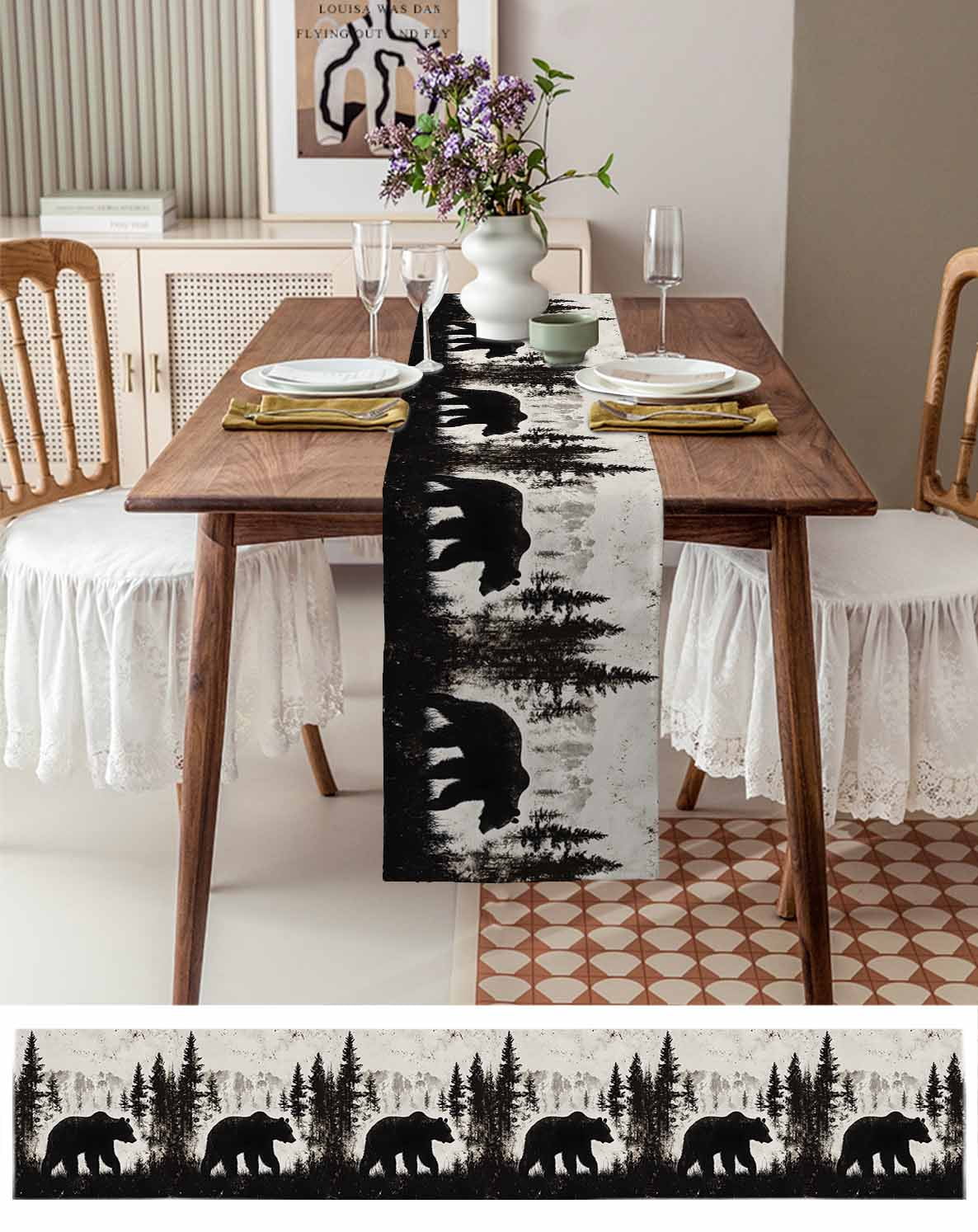 Rustic Bear Table Runner 48 Inches, Vintage Country Wildlife Forest Mountains Bed Runner Dresser Scarves Tabletop for Indoor Outdoor Parties/Ceremony/Banquet, 13" x 48"