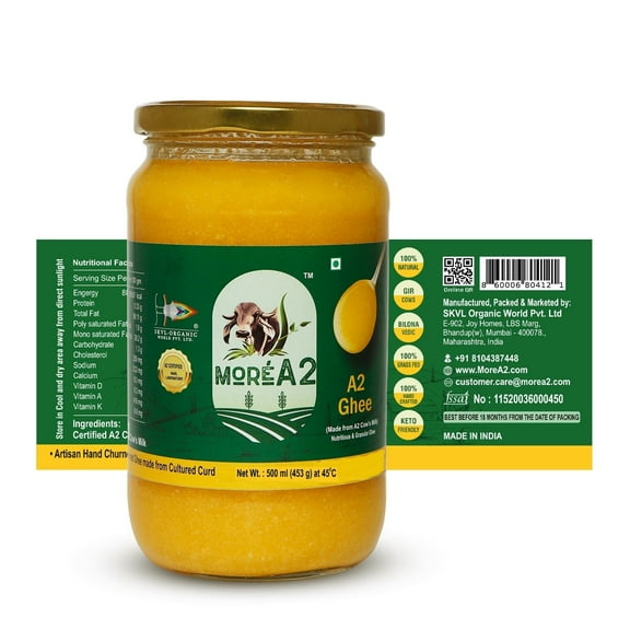 16 Oz MoreA2 Ghee (Natural Grass Fed | Free Range A2 Cow, Cultured Ghee, Bilona )