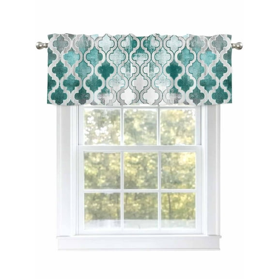 Vintage Plaid Floral Valances for Windows, Rod Pocket Kitchen Valance Curtains - Soft & Washable Small Window Treatment for Living Room, Bathroom, Green White Ombre, 54x18inch