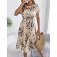 thumbnail image 5 of Lovzfmll Maxi Dress for Women, Crew Neck Short Sleeve with Batwing Sleeve & Tie Waist, Casual Pleated Dress Beige, S, 5 of 9