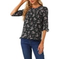 thumbnail image 1 of INSPIRE CHIC Women's Tops 3/4 Sleeves Ruffle Hem Floral Chiffon Shirt Blouses S Black-1, 1 of 7