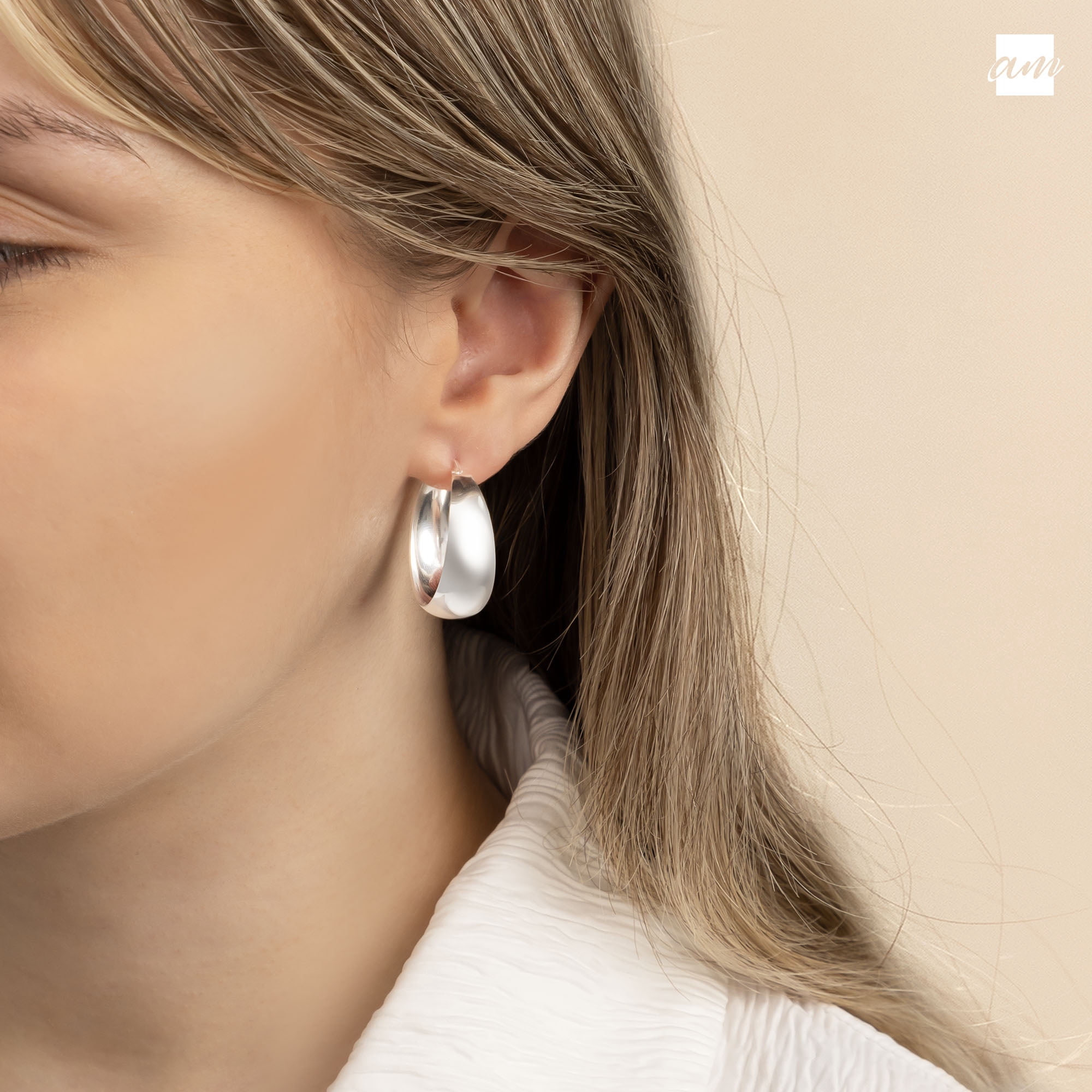 Amberta Women 925 Sterling Silver Chunky Hoop Earrings: Sterling Silver Chunky Hoop Earrings 25 mm