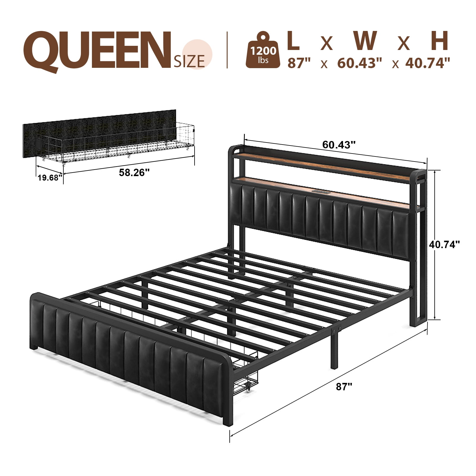 Queen Size Bed Frame with Storage Drawer, LED Upholstered Platform Bed with Charging Station, Metal Slats, Black