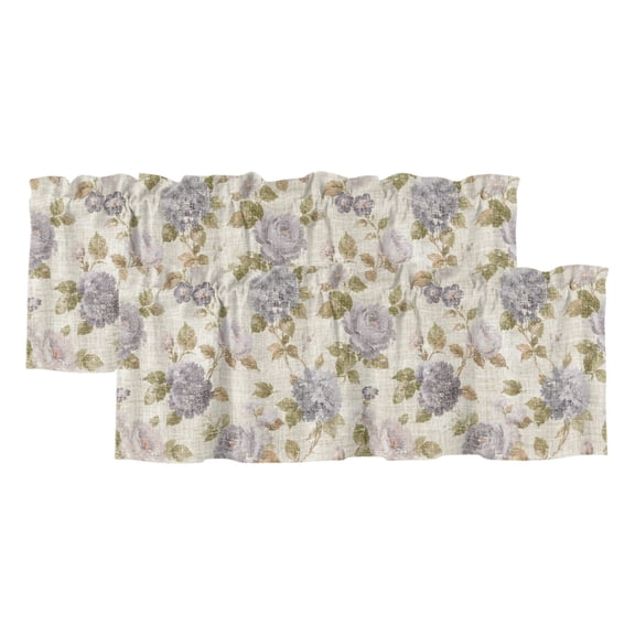 Vintage Floral Valances for Window 2 Pack, Botanical Grey Blue Rose Leaf Linen Pattern Rod Pocket Curtains Valances Light Filtering Short Curtains for Kitchen Bedroom Bathroom 42 x 12 Inch