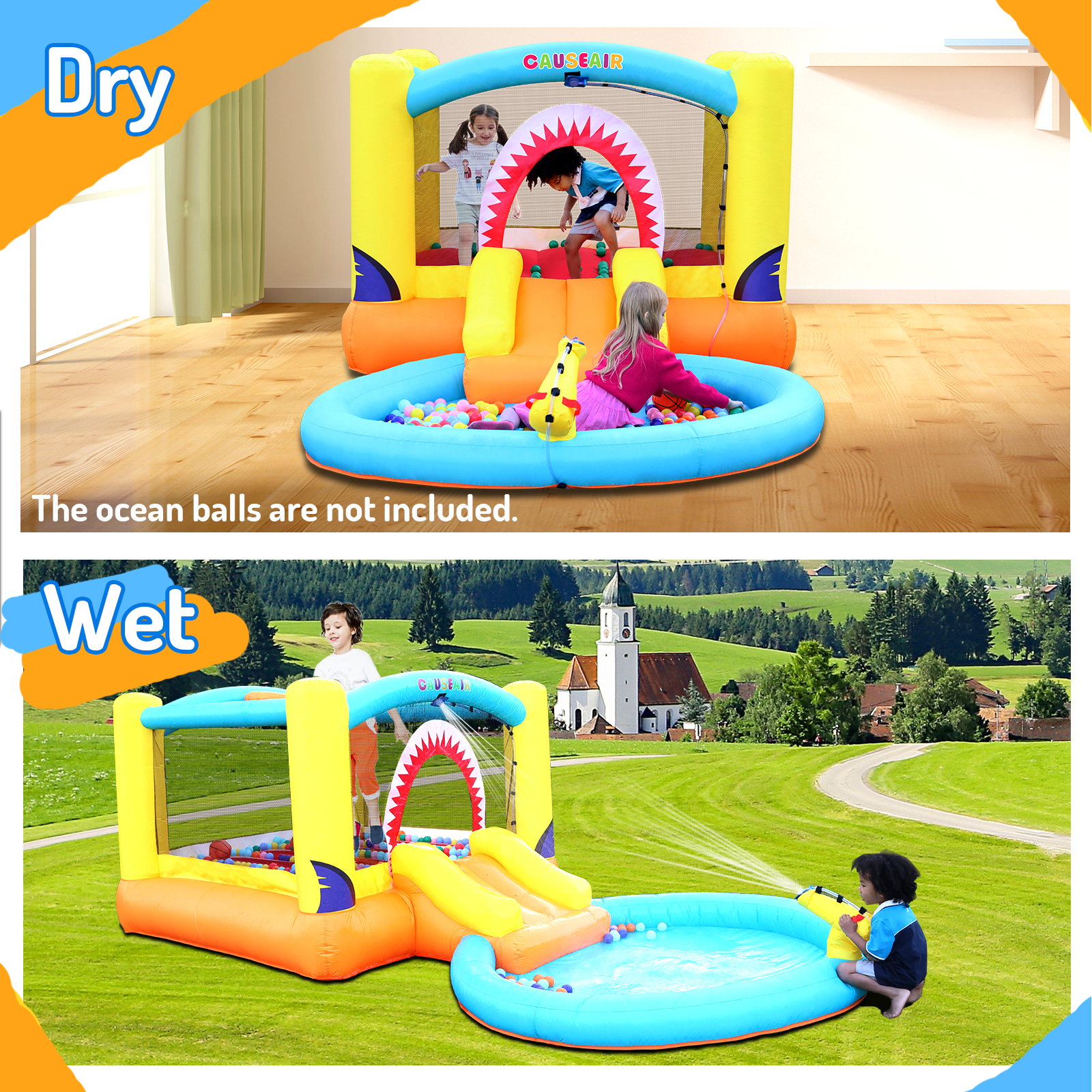 Causeair Inflatable Bounce House with Ball Pit, Wet and Dry Use, Basketball Hoop, Water Slide