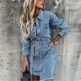 thumbnail image 1 of Robes d'Été 2023 Mode d'Été pour Femmes Denim Col à Revers Manches Longues Boutonnage Simple Ceinture Robe Ajustée Robe de Travail en Liquidation, 1 of 9