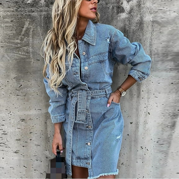 Azrian Plus Size Dresses,Womens Clothes,Women's Summer Fashion Denim Lapel Long Sleeve Single Breasted Belt Slim Dress Season