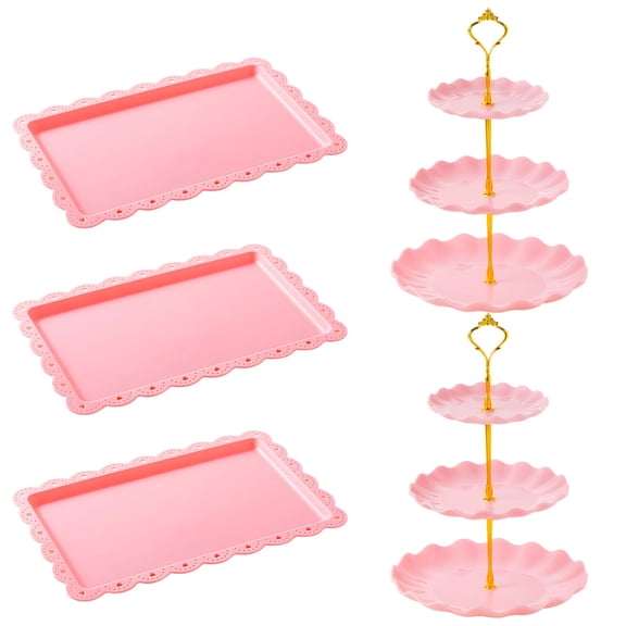 5 Pcs Pink Plastic Cake Stand Set, 3-Tier Cupcake Stand with Gold Support, Includes 3 Rectangle Dessert Plates for Party, Birthday, or Wedding Decor