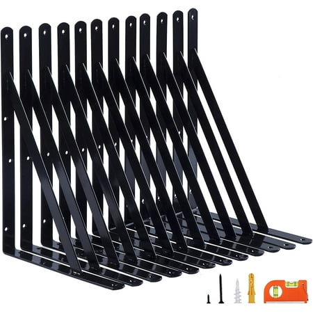 

12-Pack 14 Inch Heavy Duty Shelf Brackets Large Wall Bracket for Garage Storage Shelves Black Powder-Coated Steel
