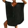 thumbnail image 2 of Women's Crochet Beach Cover Up V Neck Tie Front Striped Knit Sheer Oversized Tunic Tops Boho Beach Wear Plus Size Swimsuit Cover up Black One Size, 2 of 6