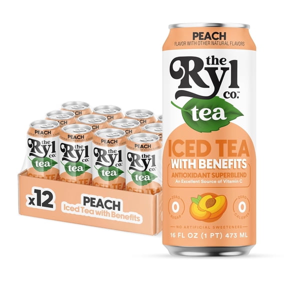 Ryl Iced Tea, Peach –Zero Sugar, Antioxidant Superblend, Zero Calorie, Low Carb, Non-GMO, Kosher, Gluten Free, Made in the USA, 12-Pack, 16 Fl Oz