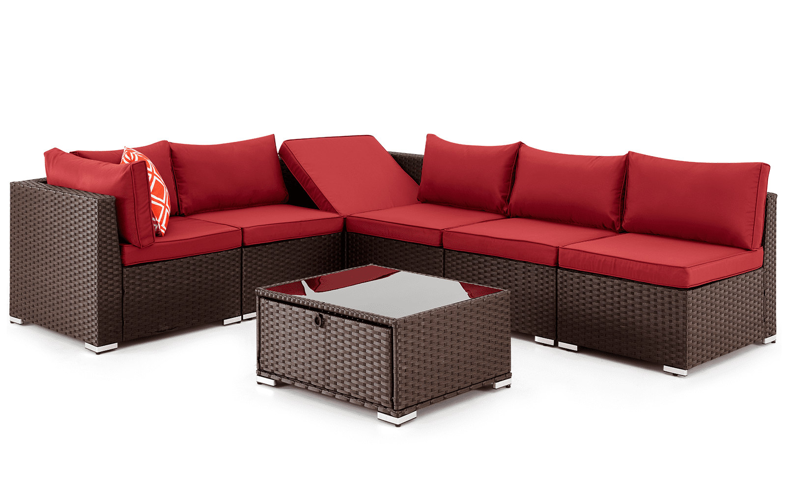 Homrest 7 Pieces Outdoor Sectional Sofa, Wicker Conversation Sets, Steel Frame, Red