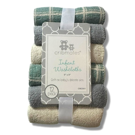 WASHCLOTHS BOYS - CRIBMATES 243 - GREEN PLAID - 12 PACK SOFT BABY BATH