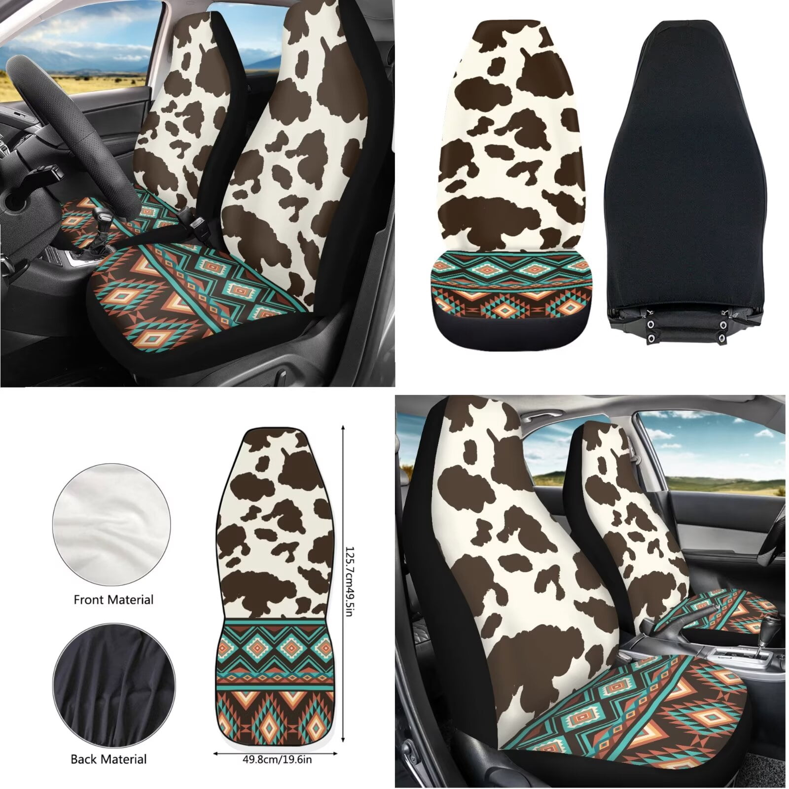 KUIFORTI Cow Print Auto Seat Covers for Women Native American Tribal Car Seat Protector Interior Set with Steering Wheel Cover +Coasters+Keychain+Interior Mirror Cover+Chapstick Holder+Car Trash Bag