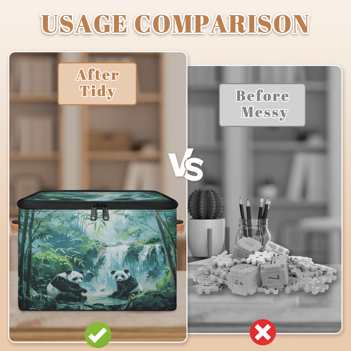 ADECORIVY Cute Panda Storage Bin with Lid Fabric Forest Bamboos Leaves Foldable Storage Baskets Boxes for Clothes Shelves Closet Organizer Containers with Leather Handles for Wardrobe