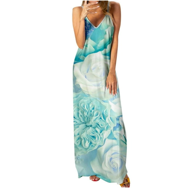 Robe Maxi d'Été Sans Manches à Col en V pour Femmes, Imprimé Floral Boho, Bretelles Spaghetti, Robe Longue Décontractée et Douce pour la Plage