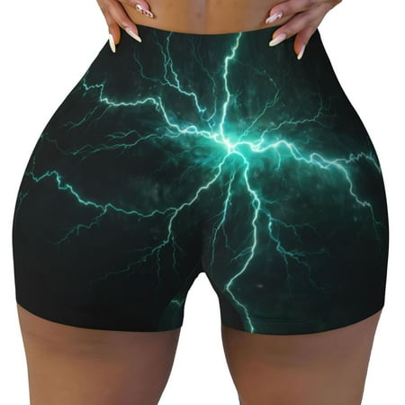 Workout Shorts Women  Green Lightning Flash Biker Shorts for Women Running Gym Spandex Shorts Tummy Control