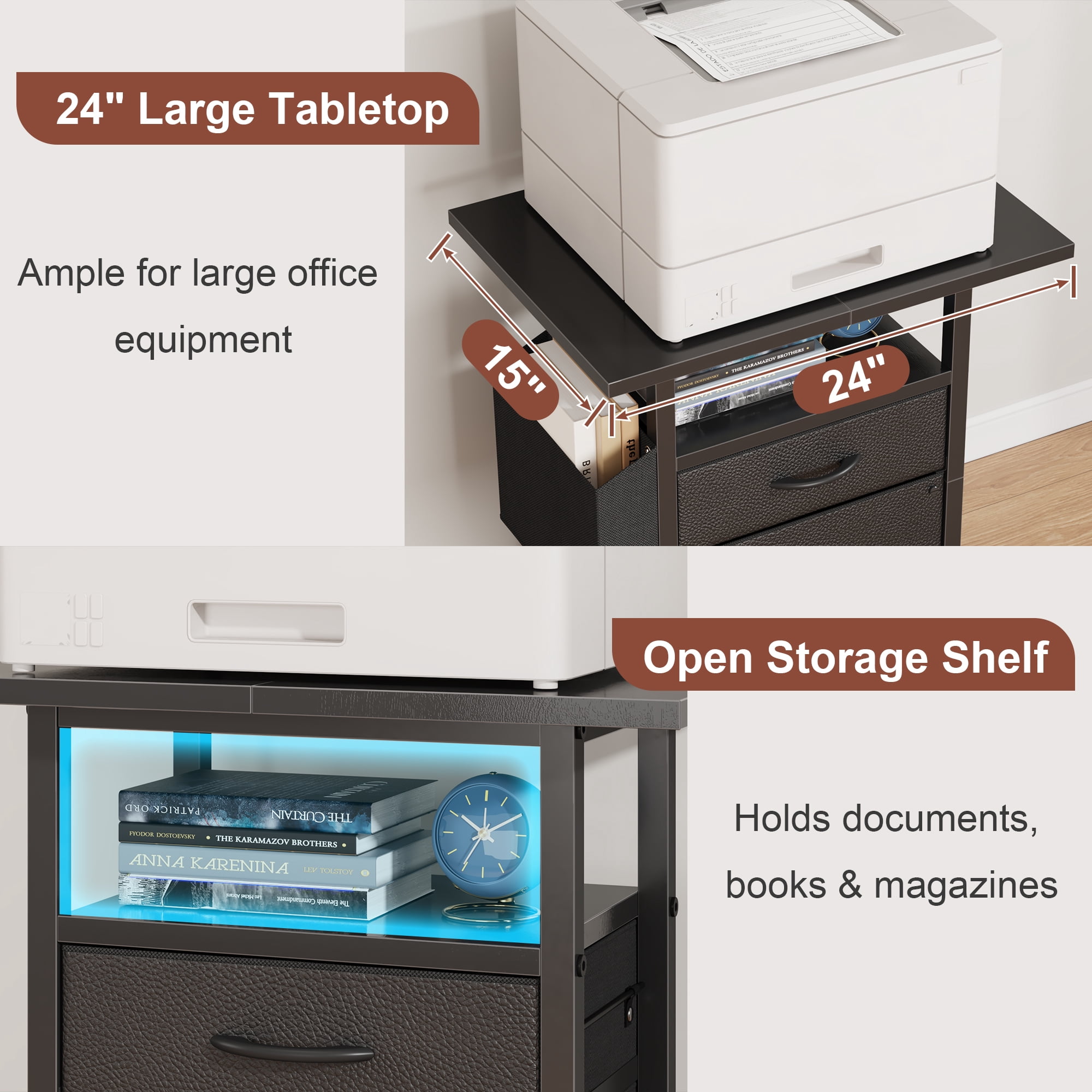 HIGDBFE File Cabinets with 2 Drawer, Rolling Fabric Filing Cabinet with 24'' Large Tabletop, Printer Stand for Home Office, Fits A4/Letter Size, Rustic Black