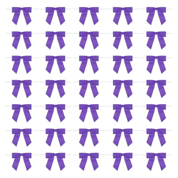50Pcs Twist Tie Bow 3.5"  Pre-Tie Gift Bows Mini Fabric Satin Ribbon for Treat Bags Craft DIY Flower Sewing Wedding Birthday Party (Dark Purple)