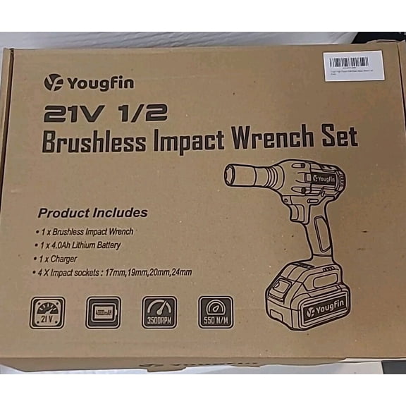 Yougfin 21V Brushless Cordless Impact Wrench Set, 1/2 inch, 550N