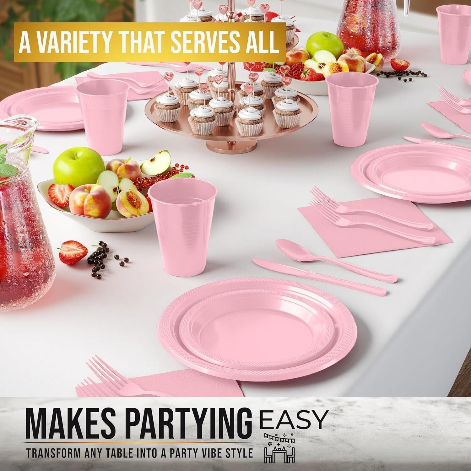DFS 350-Piece Complete Pink Party Tableware Set, 50 Each of Dinner Plates, Dessert Plates, Cups, Napkins & Forks, Disposable Party Kit