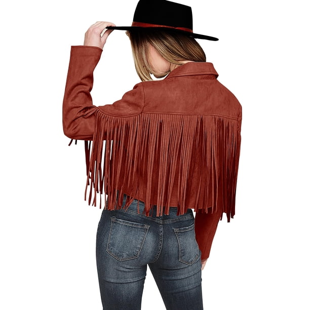 Abrigo PRETTYGARDEN para Mujer con Flecos, Cropped, Imitación Gamuza, Talla M