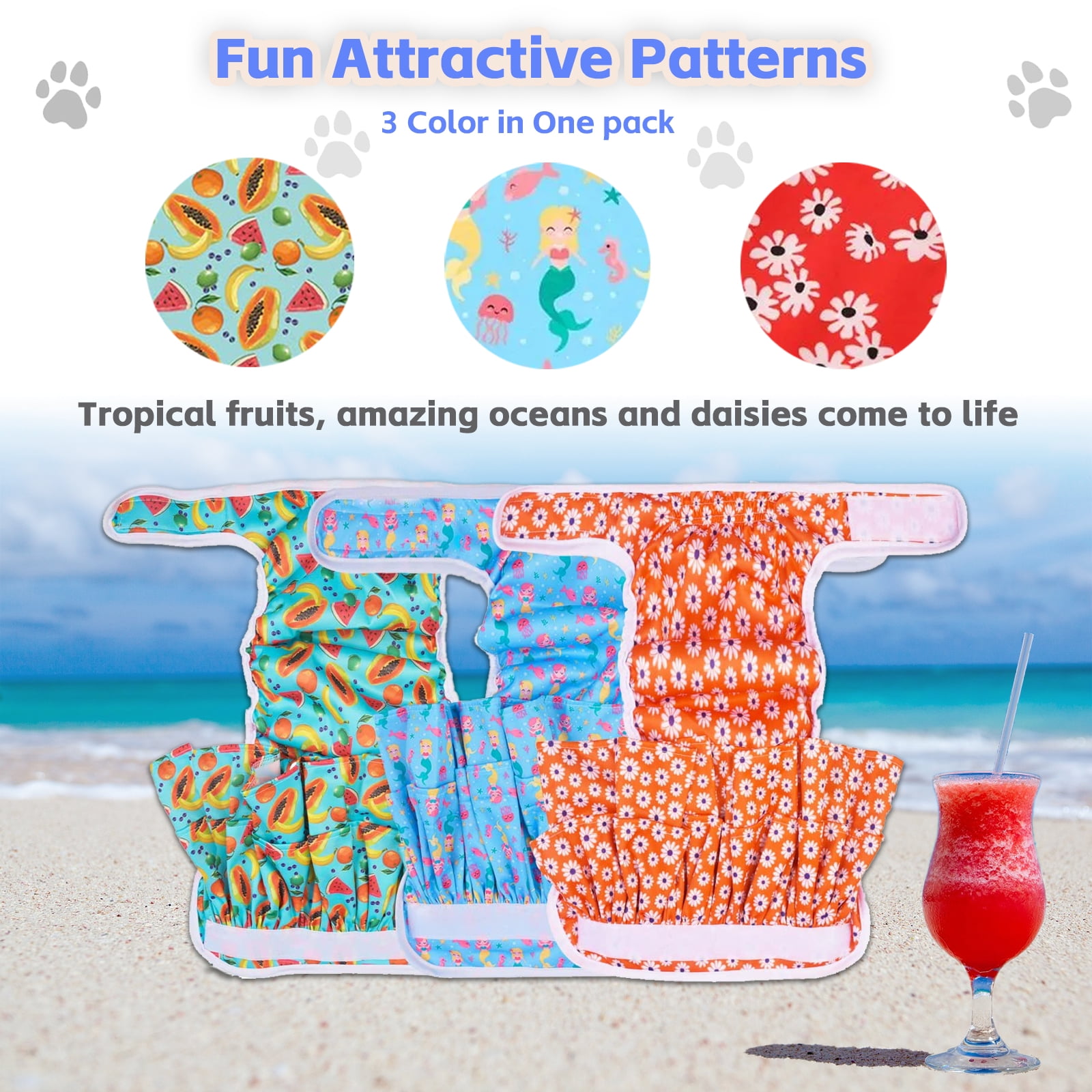 Dog Diapers for Female, 3pk Washable Puppy Diaper,  Reusable Heat Panties for Female Doggy in Period/Incontinence, Water Absorbent Pet Sanitary Wraps Pants for Small Medium Large Dogs, M