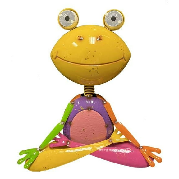 Continental Art Center S22028B Colorful Enameled Metal Frog with Solar Eyes Statue - Yellow