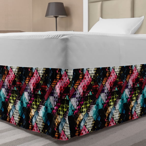 Abstract Bed Skirt, Vibrant Rectangles Traditional Polka Dots Design Surrealism Inspired Geometric, Elastic Bedskirt Dust Ruffle Wrap Around for Bedding Decor, 4 Sizes, Multicolor, by Ambesonne