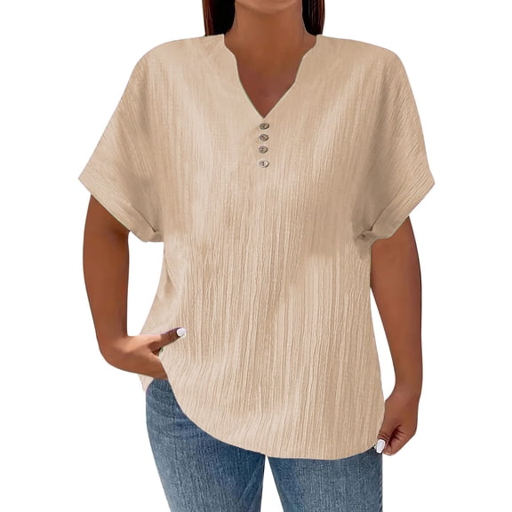Business Casual Tops for Women Casual Solid Color Button V Neck Plus Size Short Sleeve Tee Summer Tops