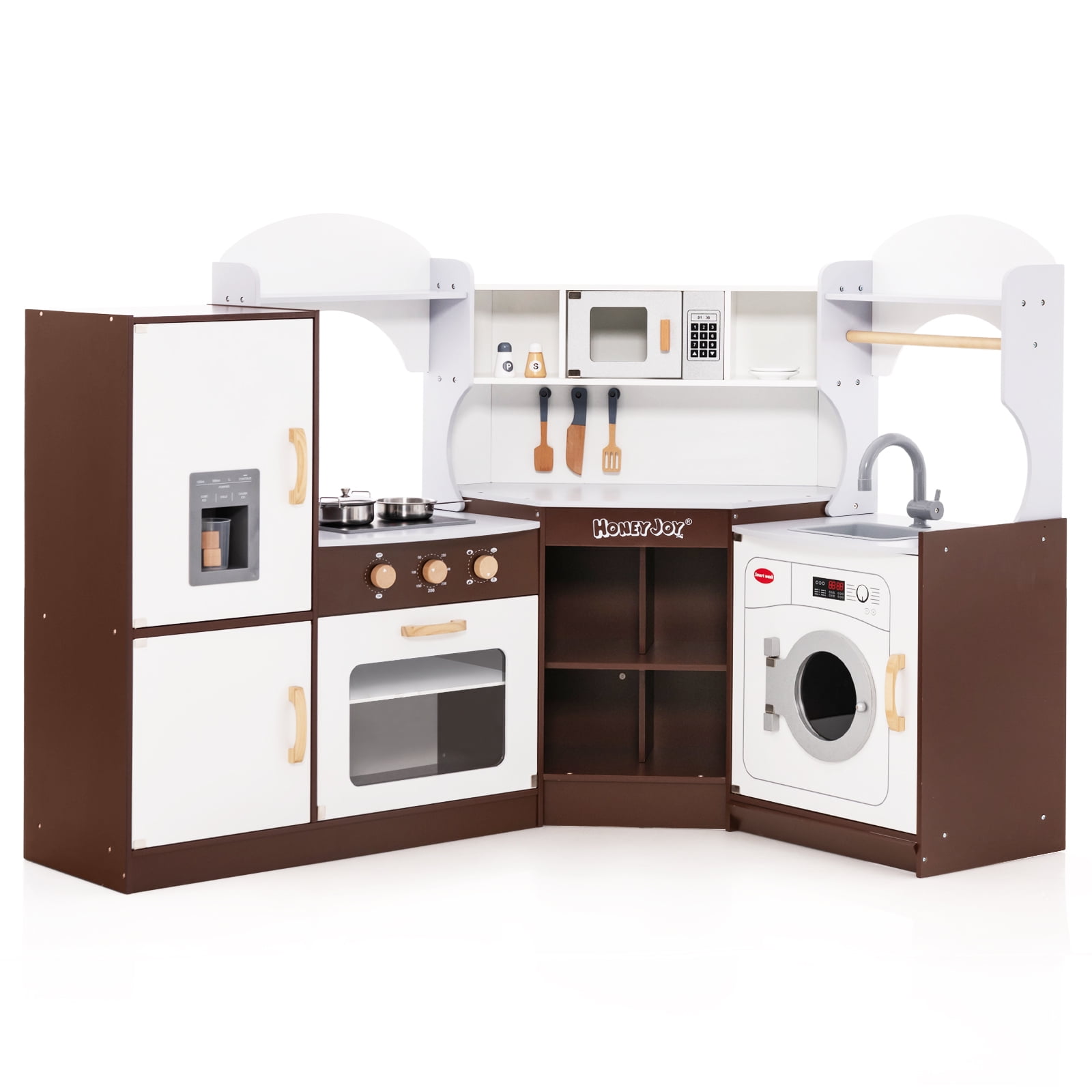 Honeyjoy Corner Play Kitchen with Ice Maker Microwave Oven for Kids 3+ Years Old Wooden Toy