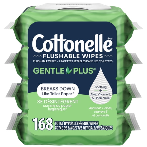 Cottonelle Gentle Plus Flushable Wet Wipes, 4 Flip-Top Packs