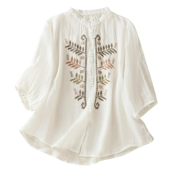 CheerKidz Women's Embroidered 3/4 Sleeve V-Neck Pullover Tops Imitation Cotton Linen Buckle Design Fashionable Blouse Bohemian Style(White,2XL)