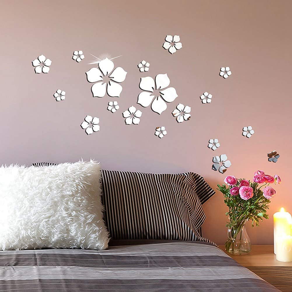 48 Pieces Acrylic Mirror Wall Sticker Decal Silver Flower DIY Wall Decoration Sticker Decal 3D Mirror Butterfly Wall Stickers for Home Living Room Bedroom Decor Home Decoration