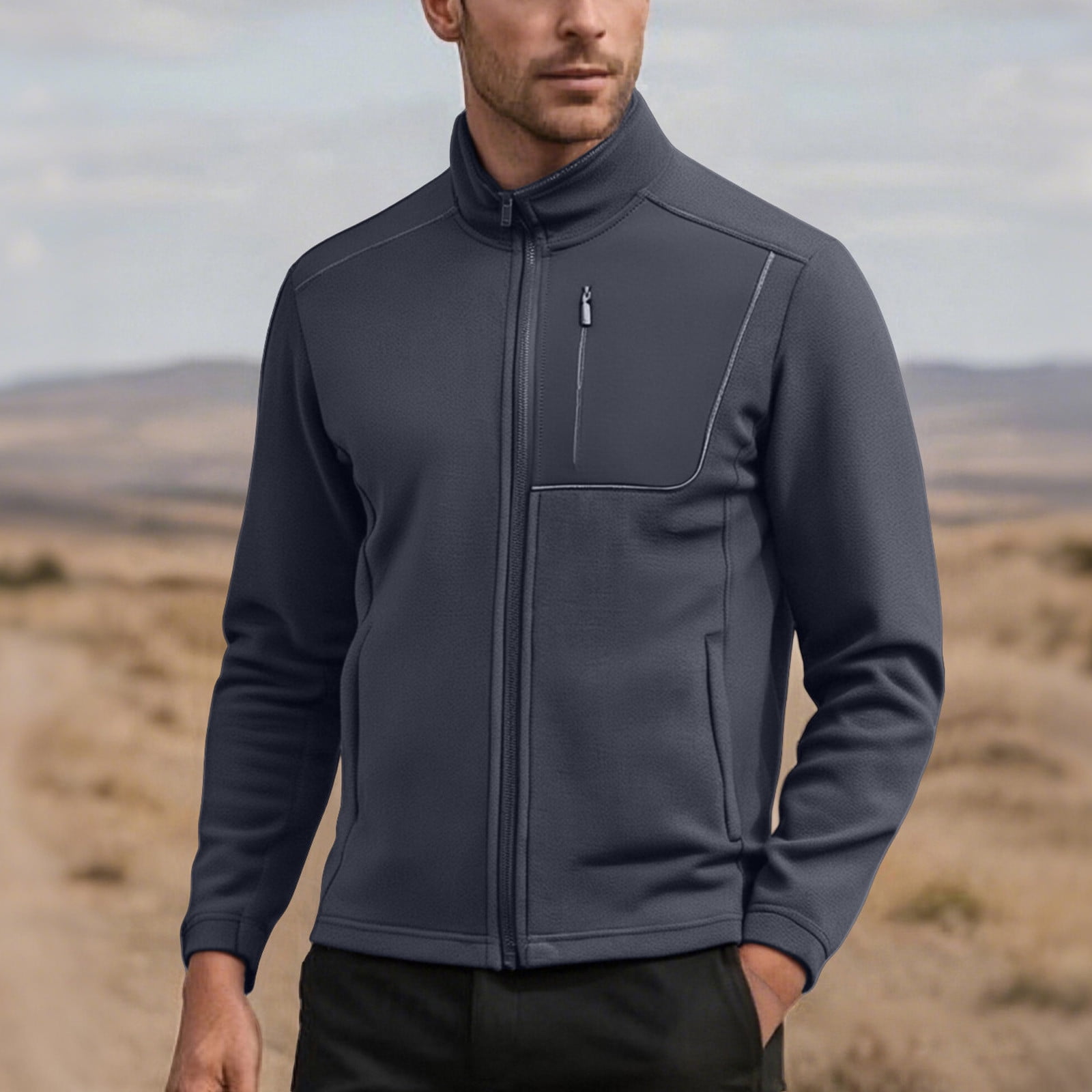 Lovzfmll Men's Polar Fleece Jacket, Solid Color Stand Collar, Long