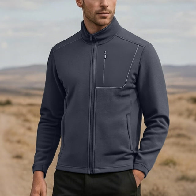 PEONAVET Mens Jacket Men's Solid Color Pocket Zipper Cardigan Long Sleeved Stand Up Collar Wool Jacket