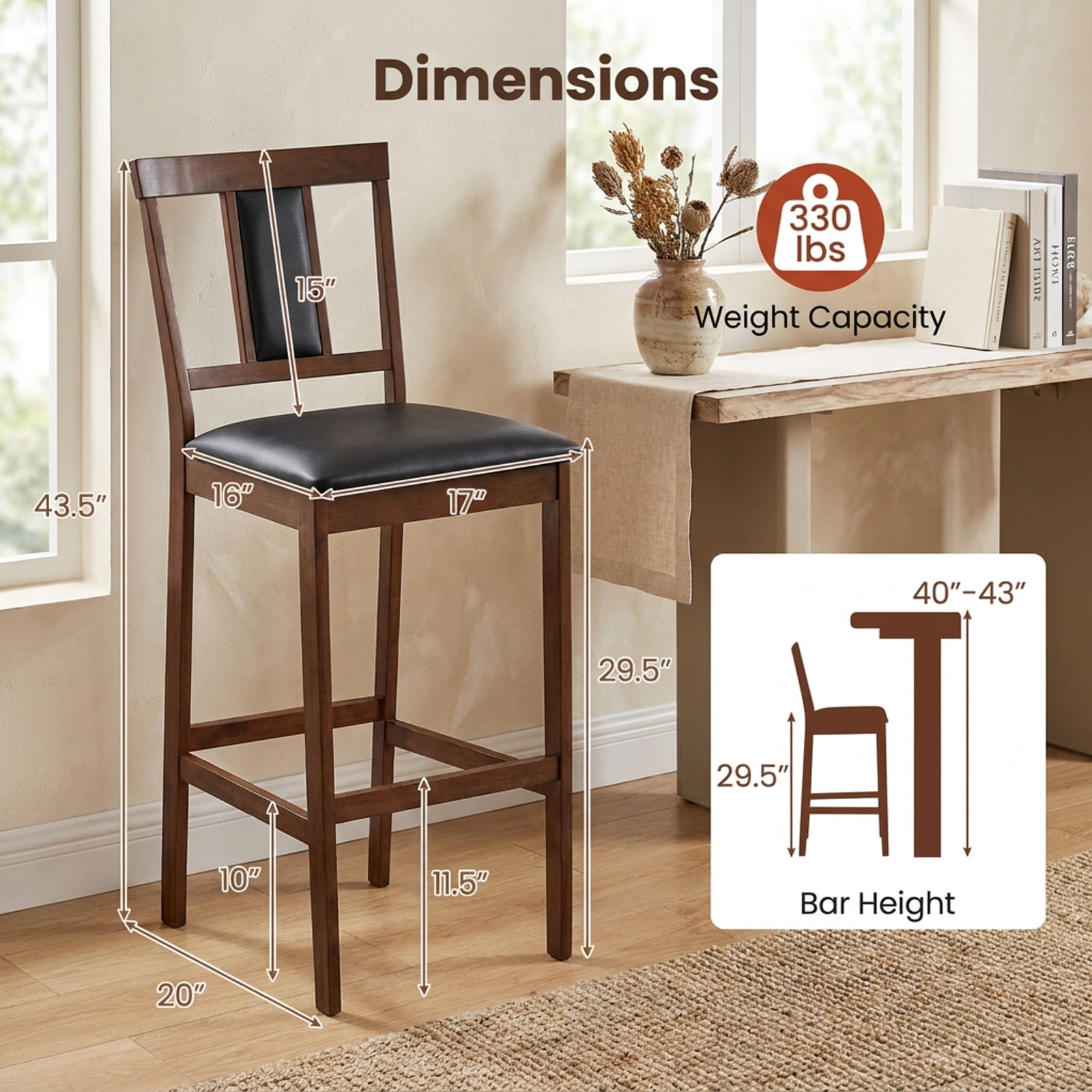 Furnibear Set of 2 Upholstered Barstool 29.5 Inch Bar Height with Solid Rubber Wood Frame for Kitchen Island Counter Bar Pub Dining Home, Walnut