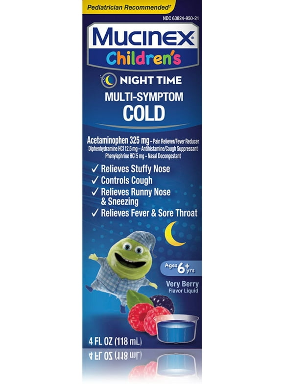 Mucinex Children's Multi-Symptom, Night Time Cold Liquid, Mixed Berry 4 oz (Pack of 2)