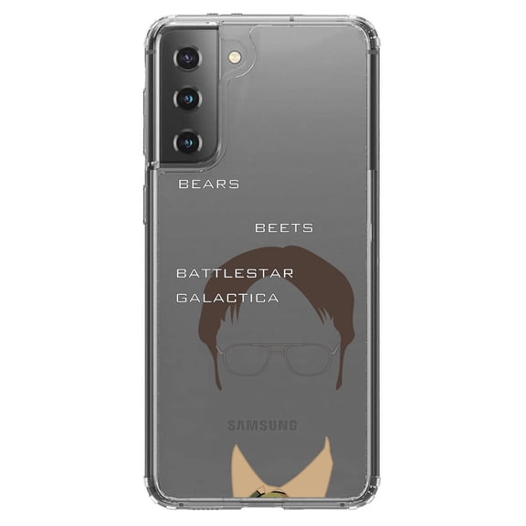 DistinctInk Clear Shockproof Hybrid Case for Galaxy S21  PLUS 5G (6.7" Screen) - TPU Bumper, Acrylic Back, Tempered Glass Screen Protector - BEARS BEETS BATTLESTAR GALACTICA