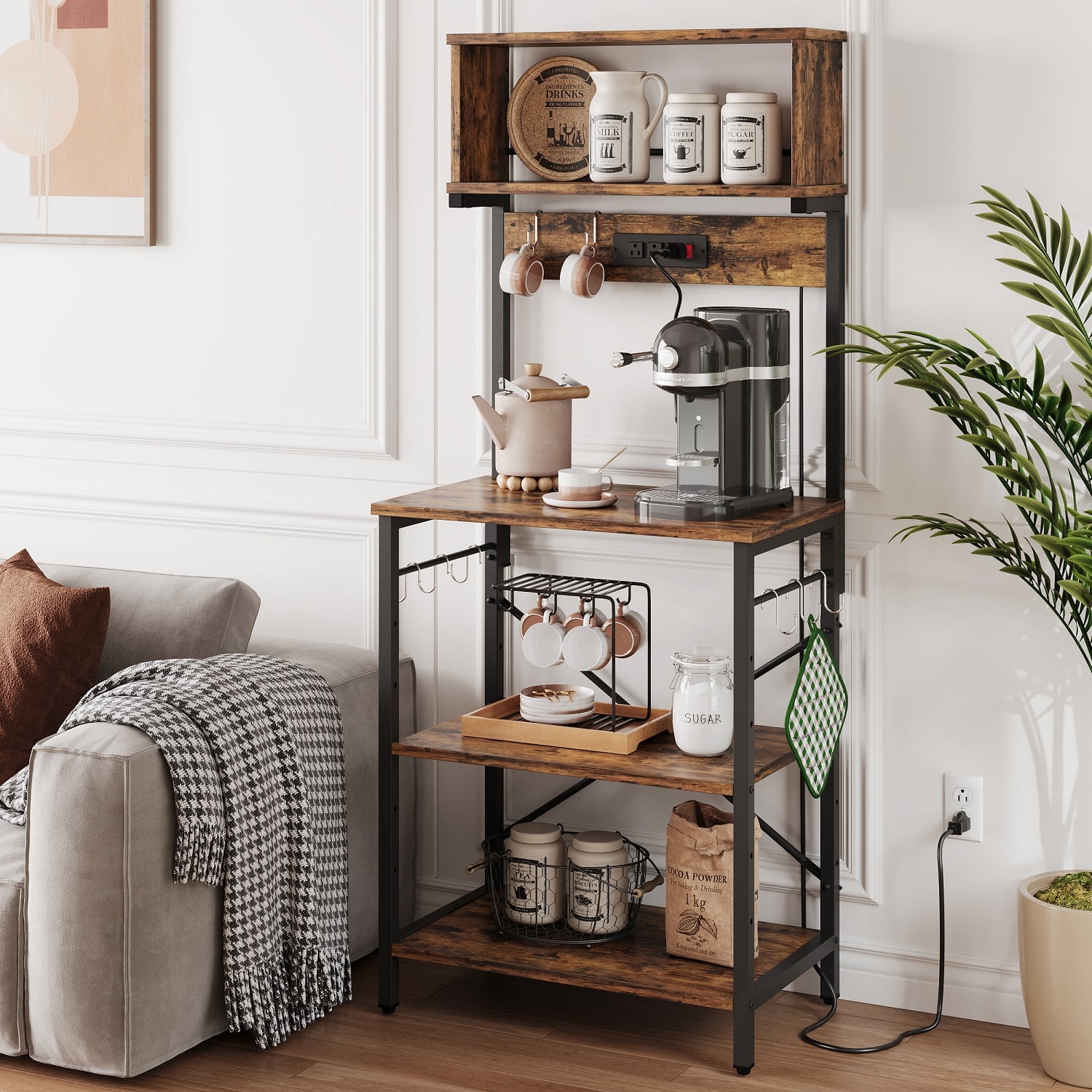 Bestier 60" 5-Tier Kitchen Bakers Rack with 3 Outlets 8 S-Hooks Microwave Cart in Rustic