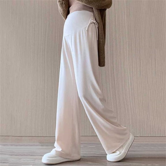 Maternity Dress Yoga Pants with Pockets Over The Belly Stretchy Work Pregnancy Wide Leg Casual Trousers Beige XXL