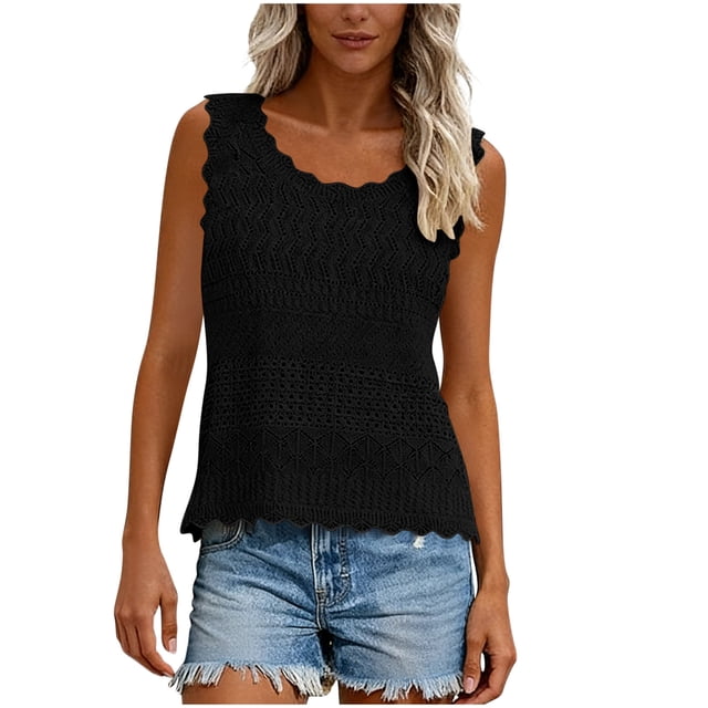 Lace Knit Tank Top for Women, Ribbed Sleeveless Crochet Vest with Scalloped Hem and Bohemian Openwork Design in Solid Beige