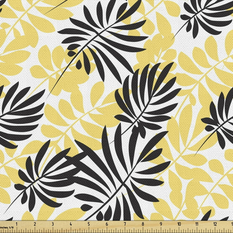 Yellow and Black Fabric by the Yard, Foliage Leaves Pattern