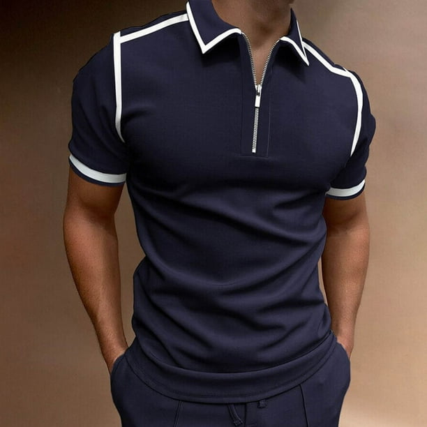 lcziwo Mens Golf Quarter Zip Men s Short Sleeve Zipper Polo Shirt 2024 Lapel Collar Casual Slim Fit Tshirts Half Zip Muscle Golf Shirts Dark Blue M