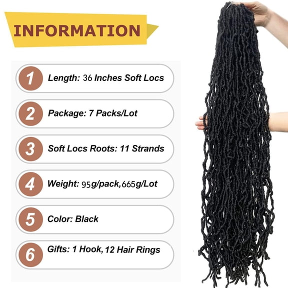 FGERFE-7 Packs Soft Locs 36 inch Goddess Locs Faux Locs Crochet Hair for Black Women Whole Strand Pre-looped Long New Locs Crochet Natural Black Locs Curly Braiding Hair Extension