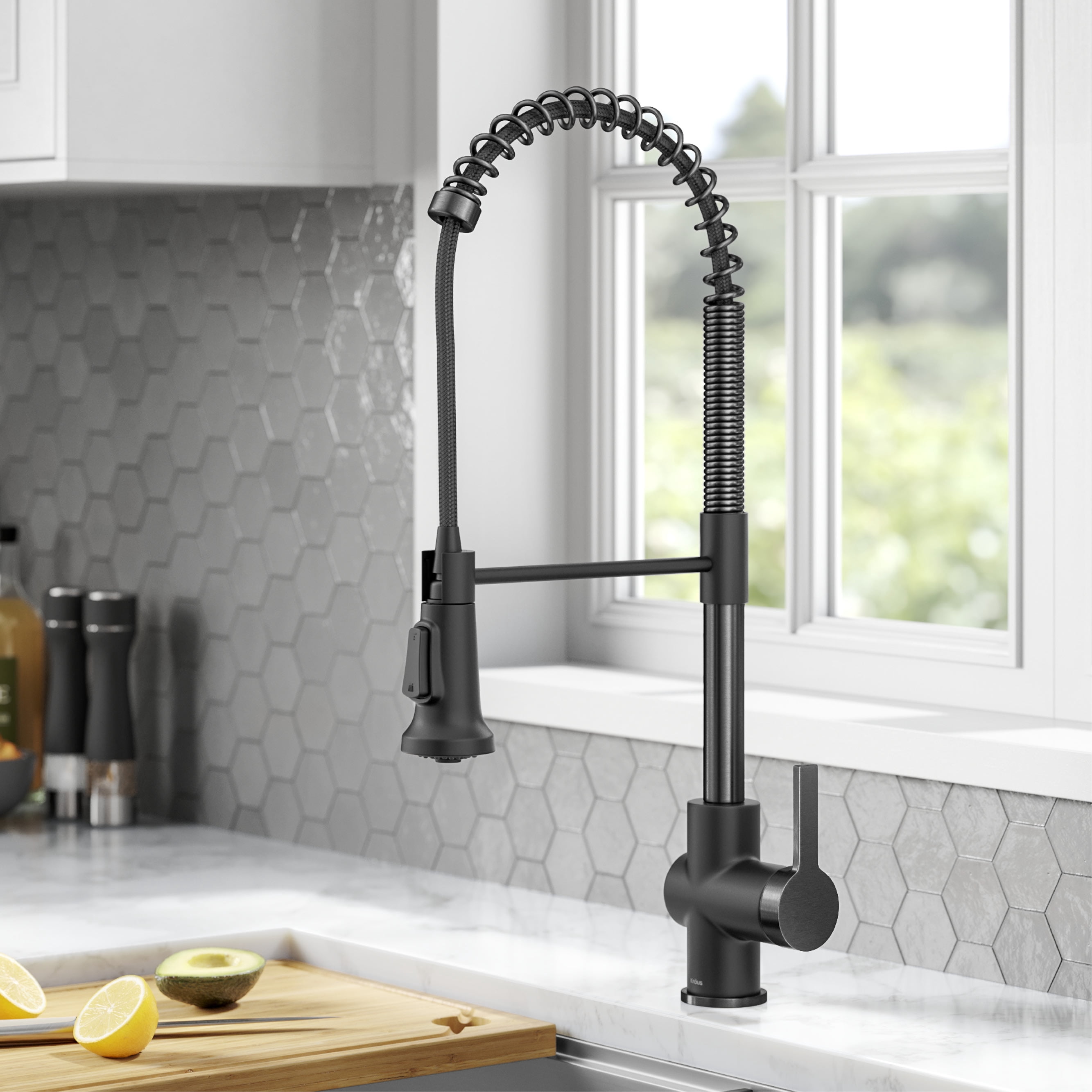 KRAUS Britt Commercial Style Pull-Down Single Handle Kitchen Faucet in Matte Black/Spot-Free Black Stainless Steel